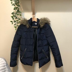H&M Navy blue puffer jacket size Small with fur